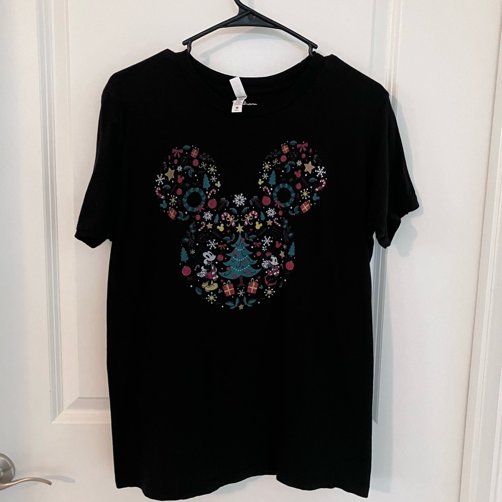 Disney Black Tee with Colorful Mickey  and Minnie Holiday Design.